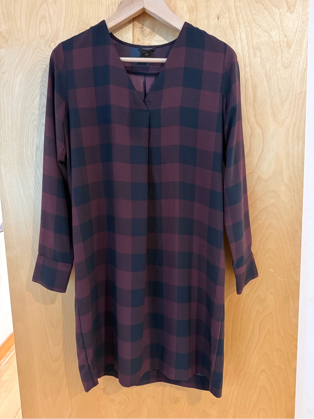 Ann Taylor Burgundy and Black Plaid V-Neck Dress